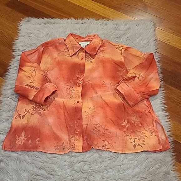 Coldwater creek red‎ and orange sheer floral polyester button down shirt - Picture 1 of 7